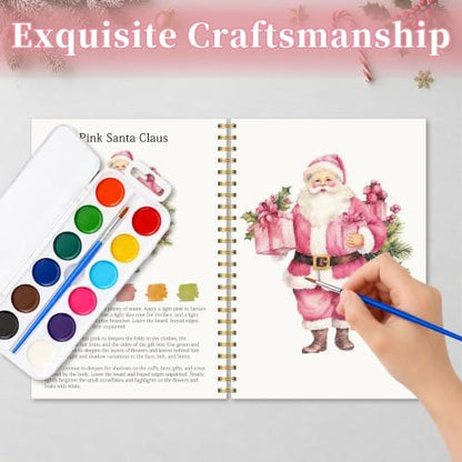 Christmas Gift, Pink Christmas Watercolor Workbook, Water Coloring Book with Pink Xmas Designs, 12 Beautiful Xmas Paintings Designs, Watercolor Book Set with Palette and Brush, Relaxing Art Beginners - Image 5