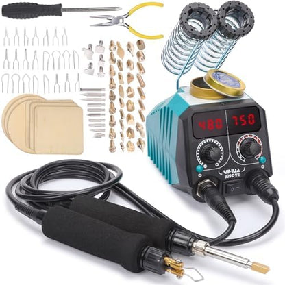 YIHUA 939D-VII Pyrography Tool Wood Burning Pen Kit Station 2-in-1 Solid-Point 200~480°C (with Temp Display)/Wire-Nib 250~750°C with 23 Nibs, 50 Solid Points, 6 Woodpieces by YIHUA