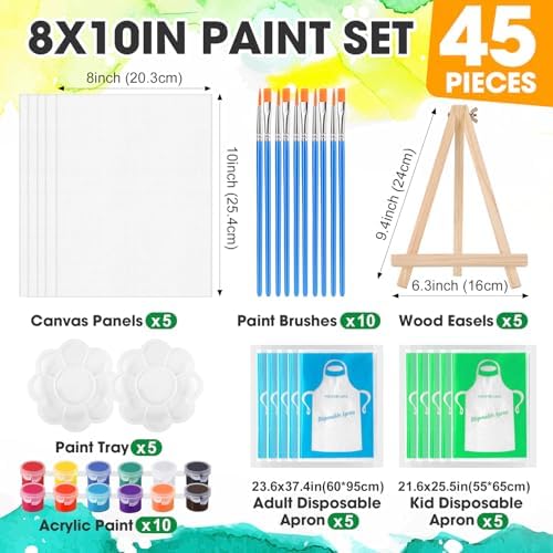 ESRICH 5 Pack 8x10 Canvas and Easel Set, Mini Acrylic Paint, Paint Brushes, Palettes, Aprons, Paint Kits for Adults Couples Friends Date Night Painting Party Supplies - Image 2