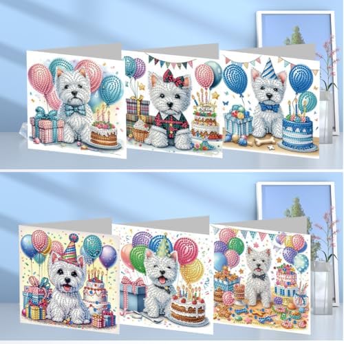 6 Pcs Diamond Painting Greeting Cards Kit Birthday Cake Dog Balloon with Envelopes, 5D DIY Special Shaped Rhinestone Art Card Making Kits for Adults, Holiday Blessing Postcards, Creative Craft Gifts - Image 6