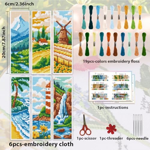 ACRNIGHEET 6pcs Cross Stitch Bookmark Kits, Landscape DIY Cross Stitch Bookmarks, Embroidery Bookmark Cross Stitch Kits with Scenery Pattern, Stamped Cross Stitch Kit Bookmark for Beginners Adults - Image 2