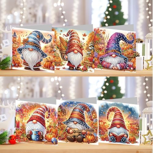 jinglinhh 6pcs Diamond Art Painting Pumpkin Guitar Gnome Greeting Cards with Envelopes, DIY Card Making Kits for Adults, Diamond Art Postcards Christmas Cards Craft Gifts - Image 4