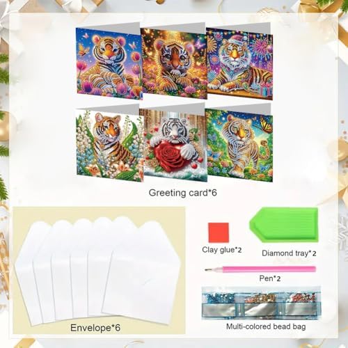 jinglinhh 6pcs Tiger Tulip Flowers Red Rose Firework Butterfly Diamond Art Painting Greeting Cards with Envelopes, DIY Card Making Kits for Adults, Diamond Art Postcards Christmas Cards Craft Gifts - Image 3