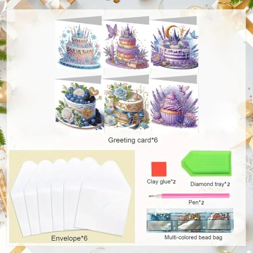 jinglinhh 6pcs Castle Birthday Cake Diamond Art Painting Greeting Cards with Envelopes, DIY Card Making Kits for Adults, Diamond Art Postcards Christmas Cards Craft Gifts - Image 3