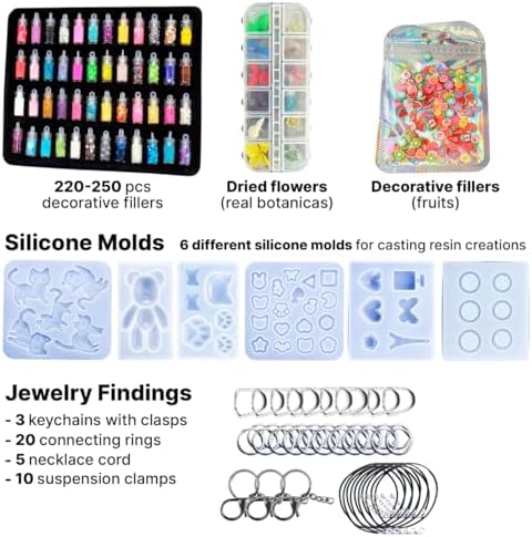 ESAM Group UV Resin Jewelry Making Kit for Kids, Teens & Beginners – Complete Starter Set with UV Lamp, 6 Silicone Molds, 48 Glitter, 3 Pigments, Jewelry Findings, Dried Flowers & Tools (Deluxe kit) - Image 2