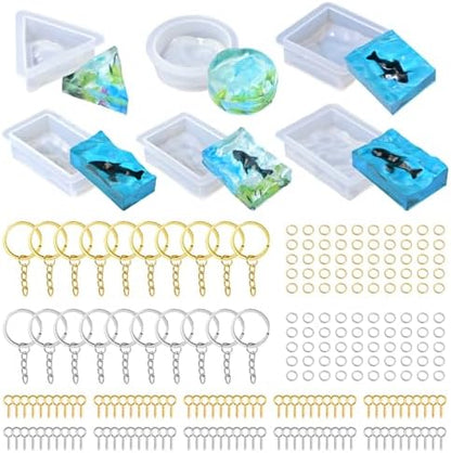 226Pcs Resin Keychain Molds Set - Triangle, Round, Square, Rectangle Ripple Pendant Molds with Keychain Accessories, Perfect Epoxy Resin Silicone Molds for DIY Jewelry Making by RESINGO