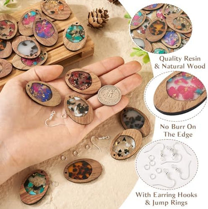Boutigem 56Pcs Resin Wood Pendant Earring Set with Oval Walnut Wood Statement Charms Earring Hooks Jump Rings for Earring Necklace Jewelry Making - Image 3