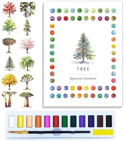 CraftyManor Watercolor Workbook Creative Fruit Water color Paint Book Set with Paints & Brush, 12 Patterns of Original DIY Designs, Beginner-Friendly Adult Coloring Books (Tree) by CraftyManor
