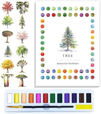 CraftyManor Watercolor Workbook Creative Fruit Water color Paint Book Set with Paints & Brush, 12 Patterns of Original DIY Designs, Beginner-Friendly Adult Coloring Books (Tree) by CraftyManor