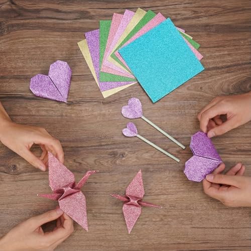 JoyCat Pastel Glitter Origami Paper, 50 Sheets, 5 Colors, 6x6 Inch - Image 3