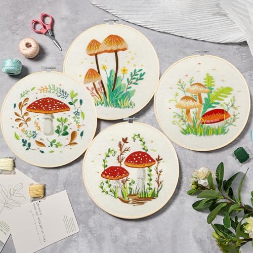 Bonroy 4 Sets Embroidery Kit for Beginners with Instructions,Cross Stitch Kits for Adults with Pattern,Needlepoint Kits for Adult Include Embroidery Cloth Hoops Needles Threads(Mushroom) - Image 2