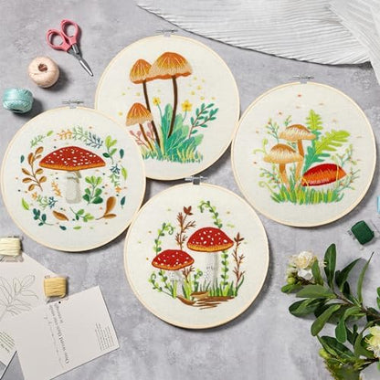 Bonroy 4 Sets Embroidery Kit for Beginners with Instructions,Cross Stitch Kits for Adults with Pattern,Needlepoint Kits for Adult Include Embroidery Cloth Hoops Needles Threads(Mushroom) - Image 2