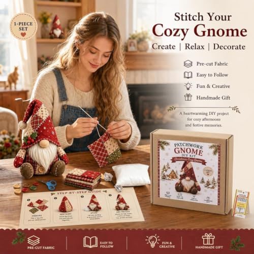DIY Patchwork Gnome Kit, Christmas Cozy Gnome Sewing Craft Set, DIY Craft Set with Yarn & Tools for Adults & Beginners, Handmade Decor Ornament Gift & Home Decor for Craft Lovers (Red) - Image 6