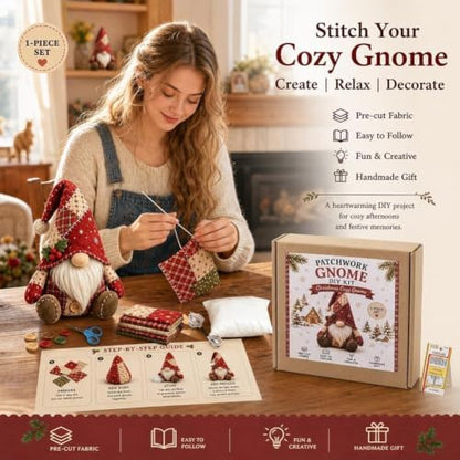 DIY Patchwork Gnome Kit, Christmas Cozy Gnome Sewing Craft Set, DIY Craft Set with Yarn & Tools for Adults & Beginners, Handmade Decor Ornament Gift & Home Decor for Craft Lovers (Red) - Image 6