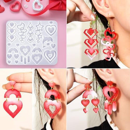 20 Pairs Valentine's Day Resin Earring Mold Love Heart Silicone Resin Earring Molds Casting Epoxy Earring Molds Silicone Earring Mold with 200 Earring Hook Kit for DIY Crafts Jewelry Making Keychains - Image 4