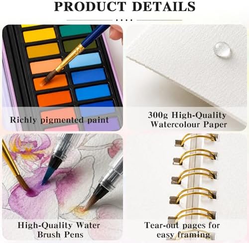 Watercolor Workbook - Water Color Coloring Book Set for Adults. 14 Land Animal Water Colors Book, 24 Color Watercolor Paint, 3 Brush Pens, 300g Watercolor Paper, Perfect Gifting for Beginners - Image 4