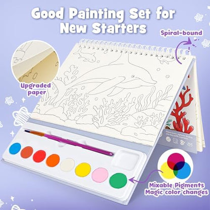 Watercolor Painting Coloring Books, Paint with Water Arts & Crafts Kit for Kids, Travel Activities Art Supplies Party Favors Exchange Birthday Gifts for Boys Girls, Spiral-Bound (Marine) - Image 6