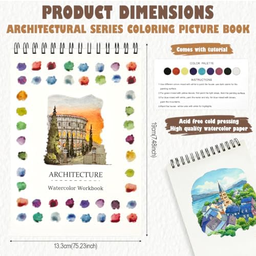 Watercolor Workbook, Water Coloring Book with 13 Pages, Architecture Theme Painting Practice Book with Pre-Drawn Outline Pages, Building Art Coloring Book for Adults, Beginners & Art Lovers - Image 2