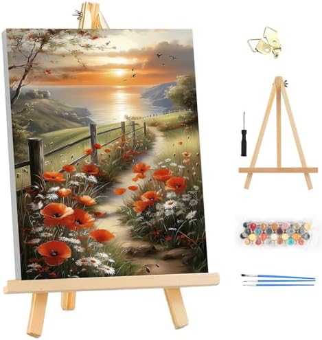 EOBROMD Framed Paint by Numbers Kits for Adults with Wooden Easel, Landscape Seaside DIY Acrylic Paint by Number on Stretched Canvas, Painting Kits Adults Oil by Numbers for Home Decor 10x14 Inch by EOBROMD