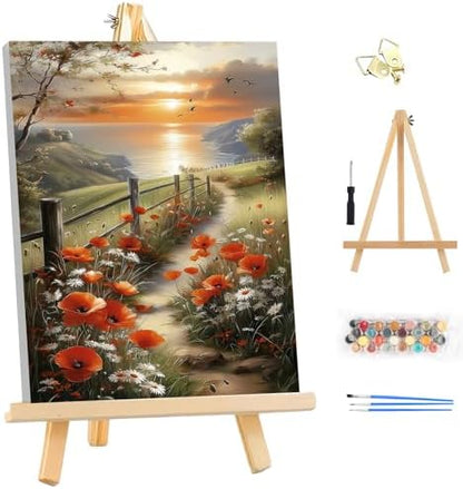 EOBROMD Framed Paint by Numbers Kits for Adults with Wooden Easel, Landscape Seaside DIY Acrylic Paint by Number on Stretched Canvas, Painting Kits Adults Oil by Numbers for Home Decor 10x14 Inch by EOBROMD
