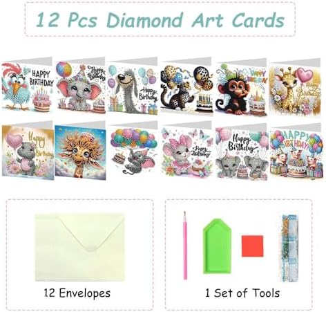 12 Pcs Diamond Painting Birthday Greeting Cards Kits for adults, 5D Handmade Diamond Art Birthday Card with Envelopes, DIY Greeting Cards Making Kits for friends Women Mom Grandma (Animal) - Image 3