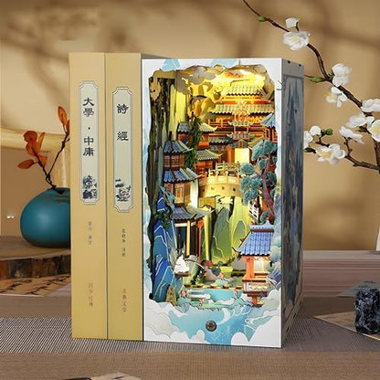 Book Nook Kit for Adults, DIY Dollhouse Booknooks Penglai Wonderland Landscape Decor Chinese Landscapes Bookshelf Insert with Dust Cover LED 3D Wooden Puzzle Assembly Model Creative Gift - Image 2