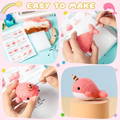 WATINC Set of 4 Cute Animal Needle Felting Starter Kit Frog Chick Bee Narwhal Animal Doll Wool Felting Tools Felt Needles Foam Mat DIY Needlework Craft Party Supplies for Beginners Adults - Image 3