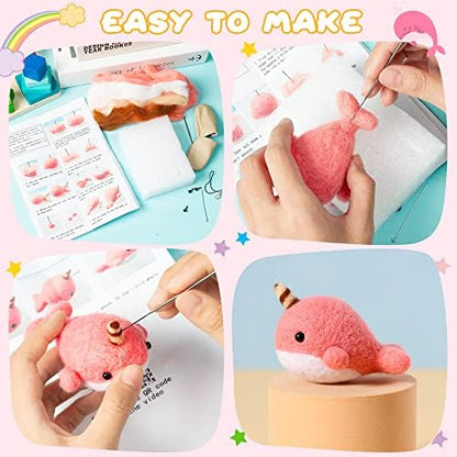 WATINC Set of 4 Cute Animal Needle Felting Starter Kit Frog Chick Bee Narwhal Animal Doll Wool Felting Tools Felt Needles Foam Mat DIY Needlework Craft Party Supplies for Beginners Adults - Image 3