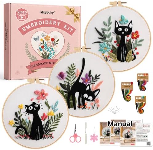 Meyocky Embroidery Kit for Beginners with Cat Flower Patterns& Stitch Video by Meyocky