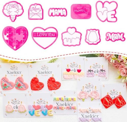 Mother’s Day Polymer Clay Cutters & Stamps Set - 10pcs Sharp & Durable Mom, MAMA, LOVE, Puzzle Heart, Envelope & Cake Shapes for DIY Earring Jewelry Making, Soft Clay Crafts & Holiday Supplies by Xaekicr