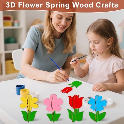 24PCS 3D Flower Spring Wood Crafts to Paint for Kids Adults, 4 Styles Unfinished Wood Crafts to Paint, Flowers Ornaments for Painting Decorations, Easy Crafts for Kids/Adults/Seniors - Image 5
