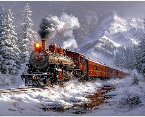 Train Paint by Numbers Kit for Adults,Winter Painting by Numbers,DIY Acrylic Paint Kit for Adults Beginners Without Frame,Easy Christmas Adult Paint by Number Kits on Canvas for Decor 16x20inch by Canrichshop