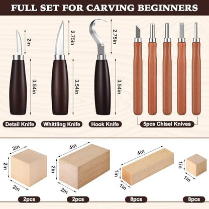 Wood Carving Kit 32 Pcs Wood Carving Tools Includes 20 Pcs Whittling Basswood Blocks 4 Different Sizes with 12 Pcs Whittling Knives kit for Woodworking Beginners Adults Hobby DIY Art Craft - Image 2