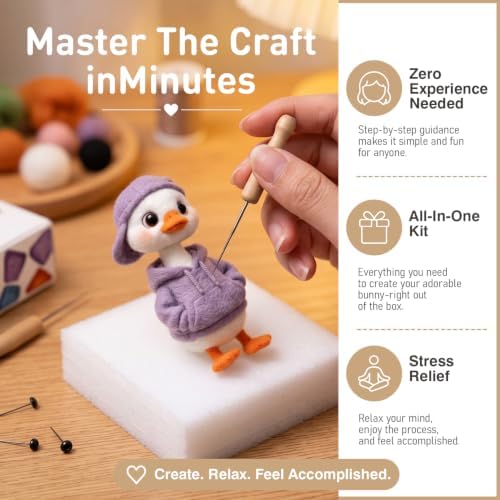 DIY Needle Felting Kit Cute White Duck in Purple Hoodie – Needle Felting Starter Kit with Fiber Roving, Needles, Felting Pad & Instructions | Felted Bird Character Kit for Beginners Adults - Image 3