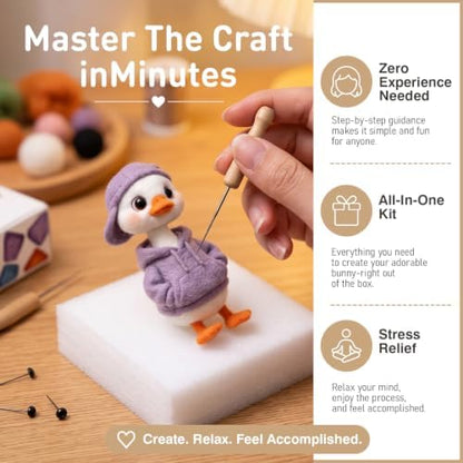 DIY Needle Felting Kit Cute White Duck in Purple Hoodie – Needle Felting Starter Kit with Fiber Roving, Needles, Felting Pad & Instructions | Felted Bird Character Kit for Beginners Adults - Image 3
