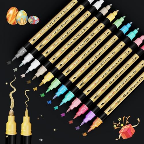 12 Colors Dual Tip Metallic Acrylic Paint Marker pens with Brush & Fine by IVSUN