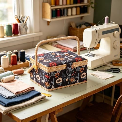 NOTIONSLAND Sewing Basket with Sewing Supplies, Medium Sewing Box for Accessories Storage, Black Red Flower - Image 4