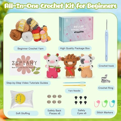 Zepiany Crochet Kit for Beginners 3 PCS Amigurumi Animal Cows Starter Kit Step-by-Step Video Tutorials DIY Craft Gifts for Adults Knitting Lovers Mother Teacher Graduates with 40% Extra Yarn - Image 2