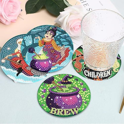 6 Pcs Diamond Paintings Coasters Kits with Holder, DIY Halloween Coaster Diamond Art Kits, Full Drill Rhinestone Painting Kits for Adults, Beginners Art Craft Supplies - Image 3
