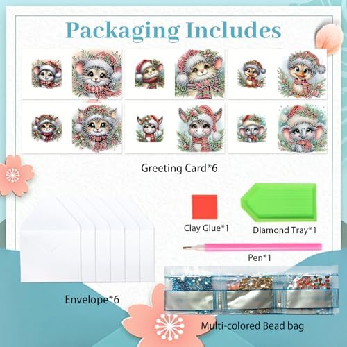 jinglinhh 6pcs Christmas Mouse Cat Donkey Koala Duck Diamond Art Painting Greeting Cards with Envelopes, DIY Card Making Kits for Adults, Diamond Art Postcards Christmas Cards Craft Gifts - Image 3