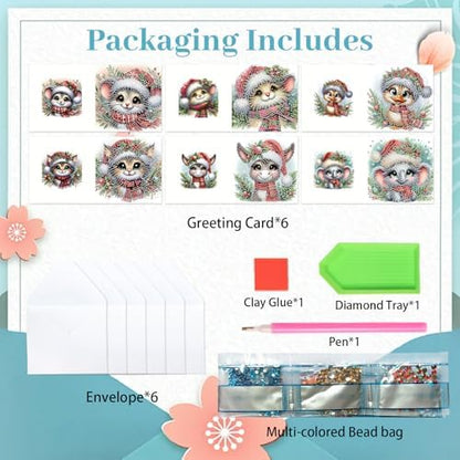 jinglinhh 6pcs Christmas Mouse Cat Donkey Koala Duck Diamond Art Painting Greeting Cards with Envelopes, DIY Card Making Kits for Adults, Diamond Art Postcards Christmas Cards Craft Gifts - Image 3