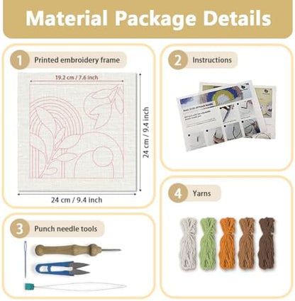 DOODLREAM Boho Rainbow Leaf Needle Kit for Beginner, 9.4"x 9.4" Geometric Plant Punch Stitching Craft Set, Color DIY Embroidery Starter with Printed Frame, Instruction, Threader, Yarn, Pinch Needle - Image 2