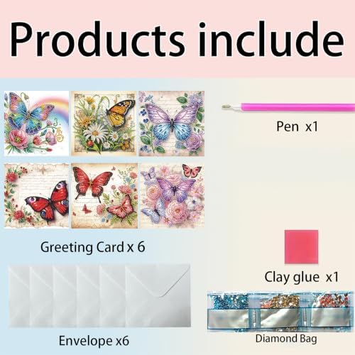 6PCS Butterflies and Flowers Diamond Art Painting Greeting Cards Kit with Envelopes - 5D DIY Diamond Art Card Kits for Adults - Handcrafted Postcards for Birthday & Holiday - Image 5