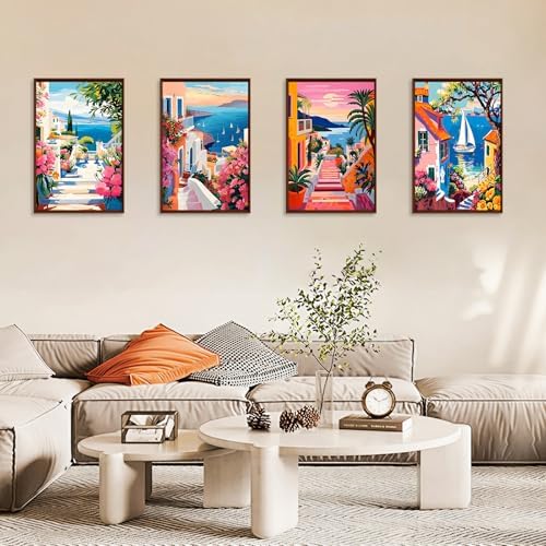 4 Pack Paint by Numbers Kit for Adults with Frame, Seaside Town Landscape - Image 4