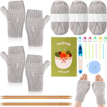 GliCraft Knitting Kit for Beginners Learn to Knit Kit for Adults Gloves Starter Bundle with Step-by-Step Instructions Includes Wool Yarn, Needles & Accessories(Grey) by GliCraft