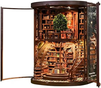 Book Nook Kits for Adults Fantasy 3D Puzzle Library Booknook Kit with Dust Cover Wisdom Book Repository Round Bookshelf Decor Wooden DIY Spiral Staircase Miniature Dollhouse Book House by Ahilmrn