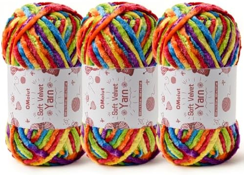 3x100g Fluffy Velvet Chenille Yarn for Crocheting and Knitting, 3x87.4yd Baby Yarn for Crocheting Soft, Crochet Chunky Yarns Amigurumi Yarns（Rainbow 2 by OMoiut