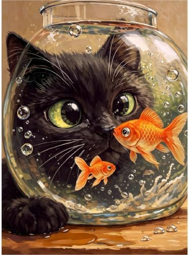 Cat Goldfish Paint by Numbers Kit for Adults Framed Canvas, Frameworkless by FairylandJinWenn