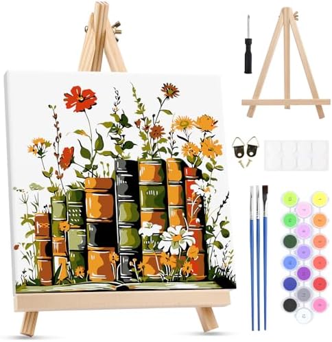 MXJSUA Vintage Books Wildflowers Framed Paint by Numbers for Adults Beginners, Easy Adults' Paint-by-Number Kits on Canvas with Easel, Acrylic Number Painting Crafts Gifts for Home Decor, 10x10 inch by MXJSUA-DiamondPaintingkits