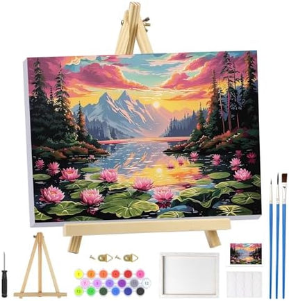 MOGTAA Landscape Paint by Numbers Kit for Adults Beginners with Frame, Flowers Lake Adult Paint by Number Kits on Canvas with Easel, Easy DIY Sunset Oil Painting Kits for Home Decor, 8x12in by MOGTAADIYHomeDecor